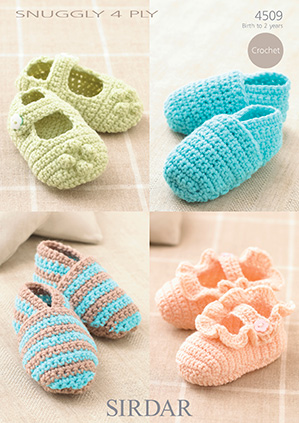 Sirdar 4509 Crochet Shoes. Uses #1(4 ply fingering) weight yarn.